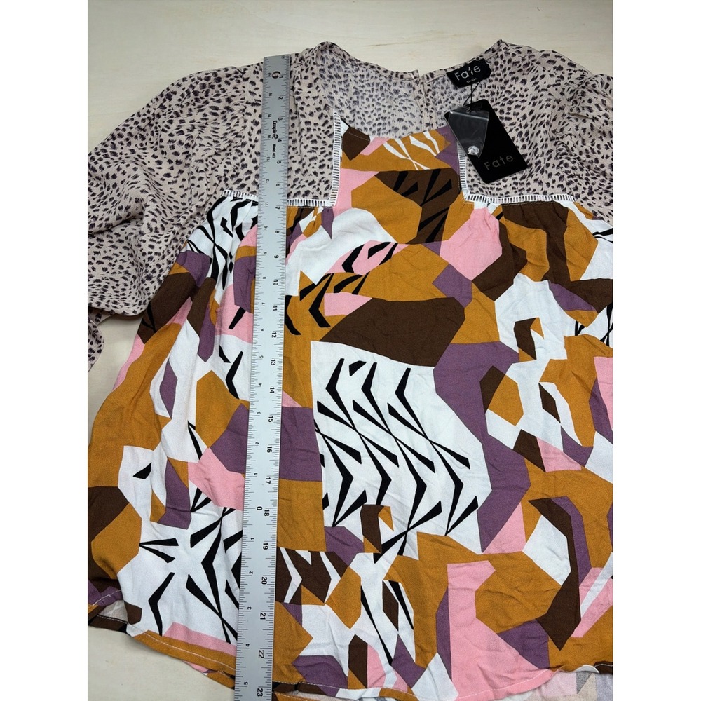Fate Mixed Print Geometric Animal Print Blouse Mustard Mauve Small NWT - Picture 4 of 8